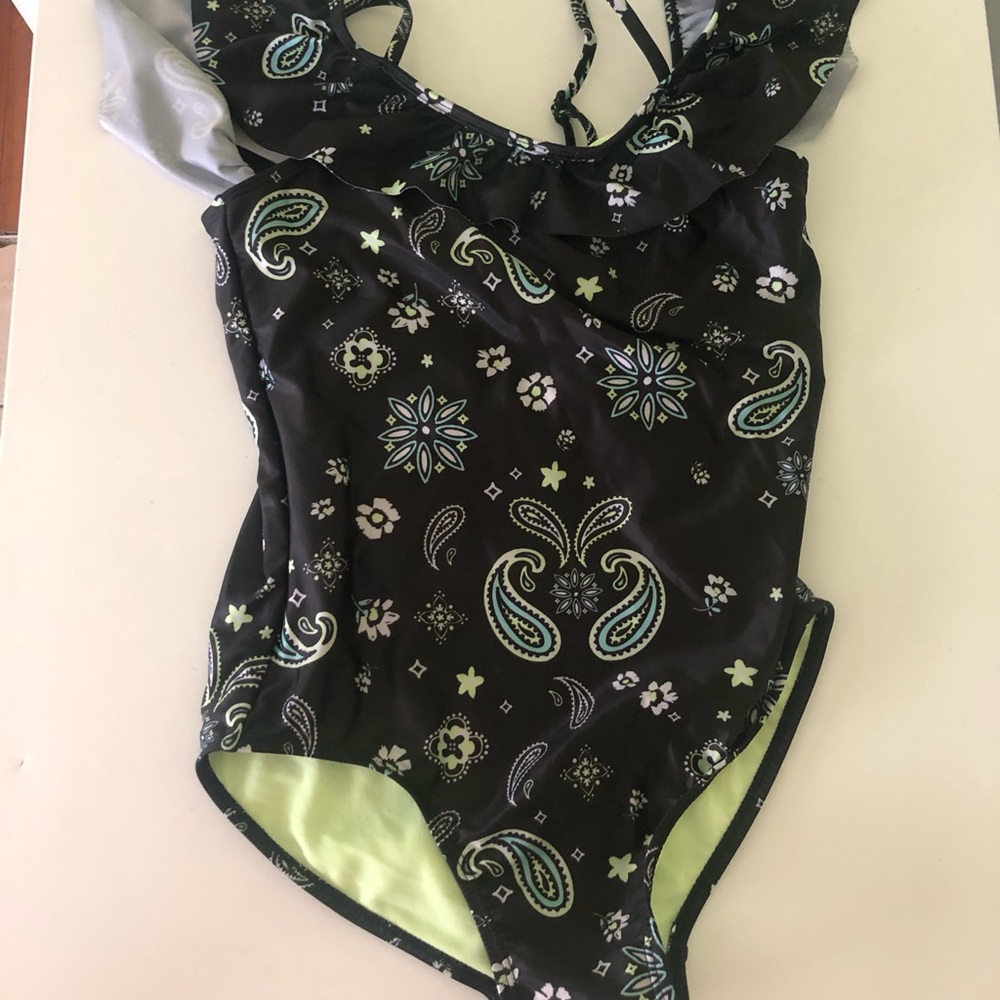 Justice Girls Black & Neon Yellow Paisley Ruffle One Piece Swimsuit